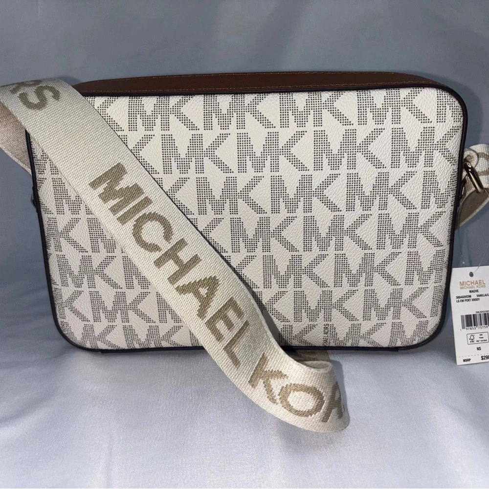 Michael Kors White and Brown Messenger Bag with Monogram Pattern